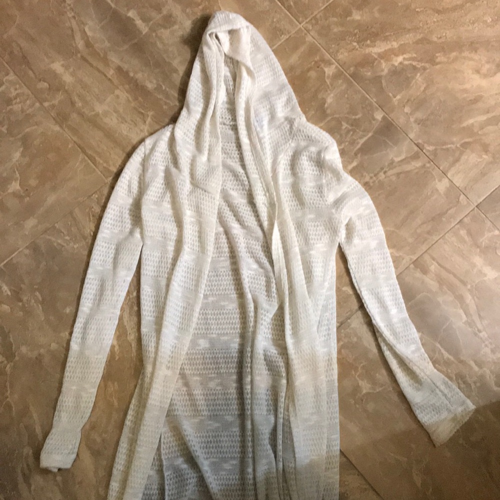 white cardigan with hood